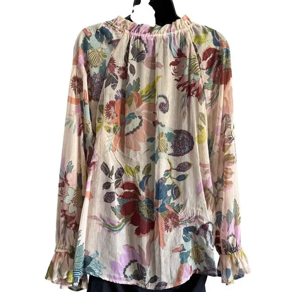 Soft Surroundings Floral Tunic Top M Metallic Threads Ruffles Tassels - Picture 2 of 9